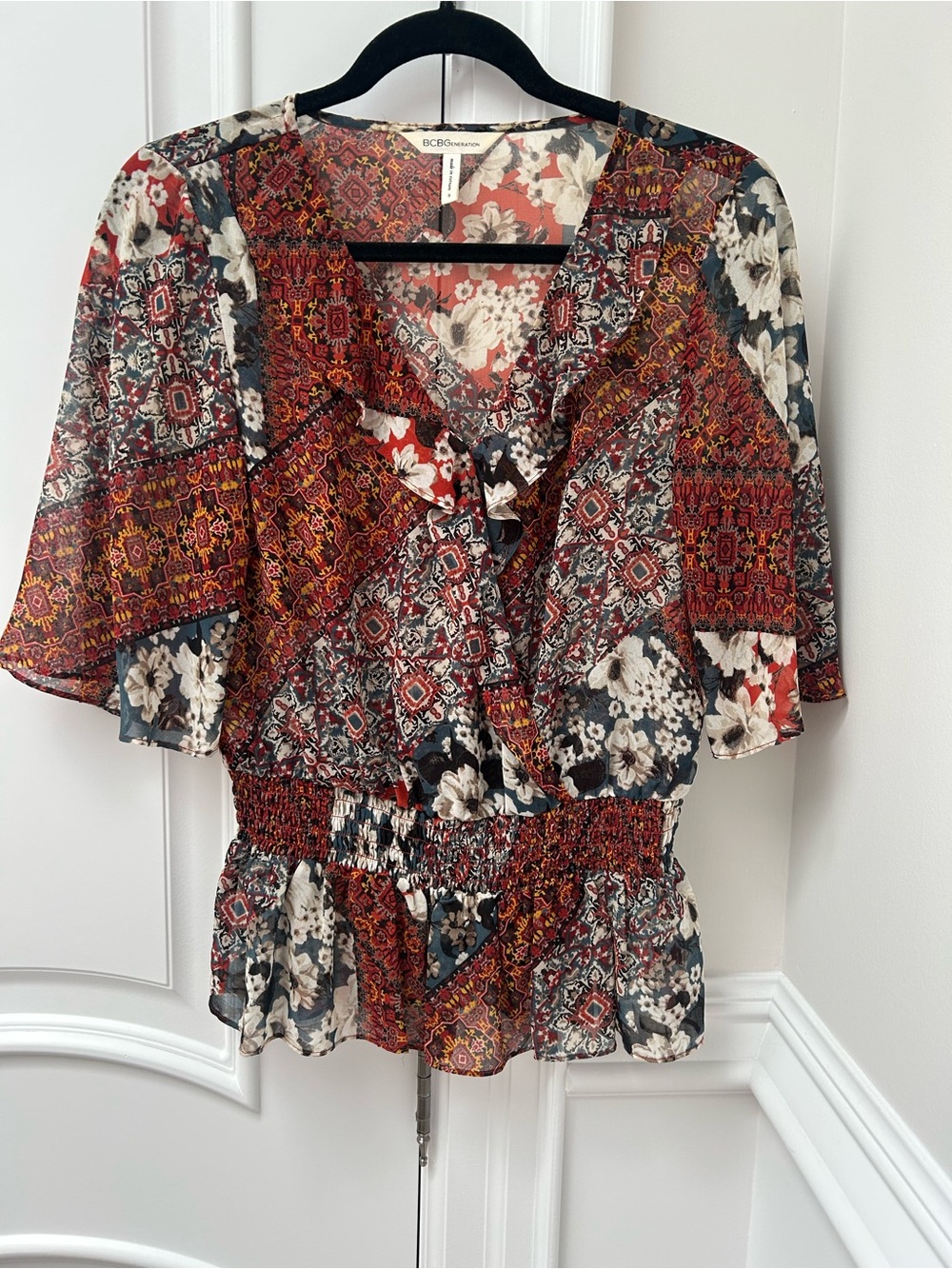 BCBGeneration Red Multi-Print V-Neck Smocked Peplum Top